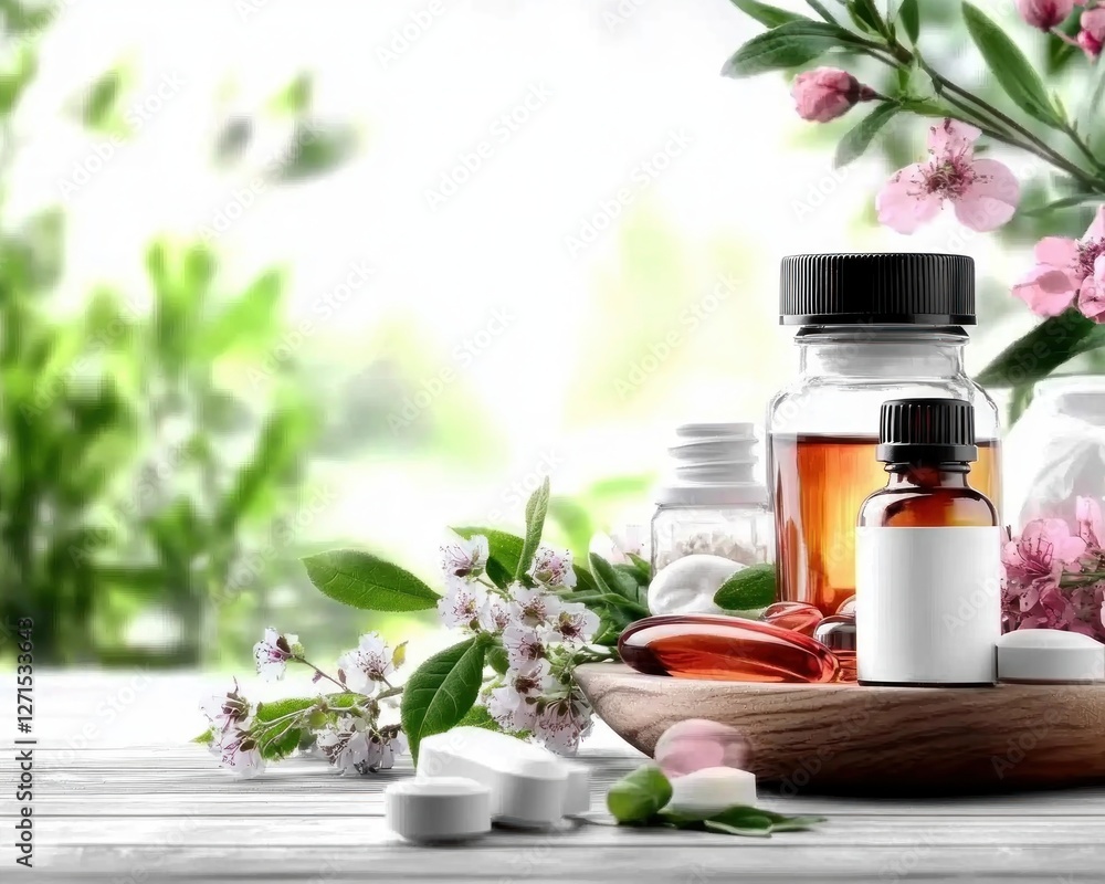Discover the natural healing power of herbs with this vibrant image showcasing an Herbal pharmacyvarious bright medicinal herbs and essential oil bottles on a wooden plate Explore nature's apothecary Discover the natural healing power of herbs with this vibrant image showcasing an Herbal pharmacyvarious bright medicinal herbs and essential oil bottles on a wooden plate Explore nature's apothecary