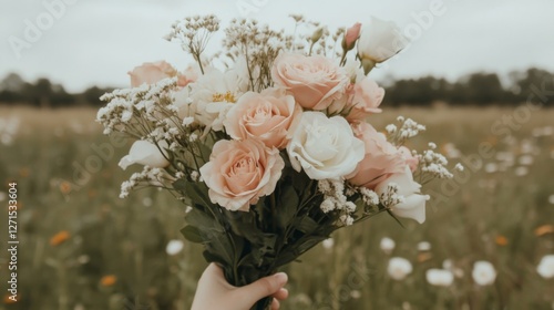 Bouquet of Pink and White Flowers in a Field photo