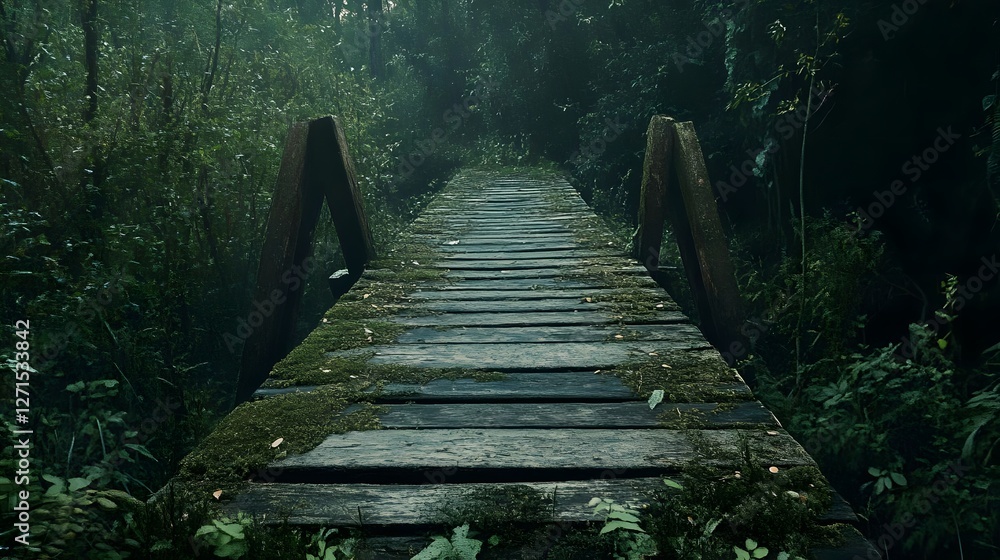Obraz premium Serene wooden bridge surrounded by lush green forest, evoking tranquility and nature exploration