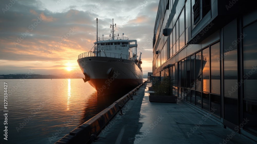 Fototapeta premium A large cargo ship docked at an industrial pier under golden