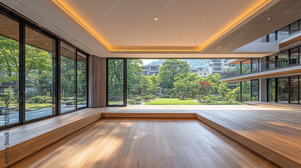 Obraz premium Modern home's sunlit garden view interior