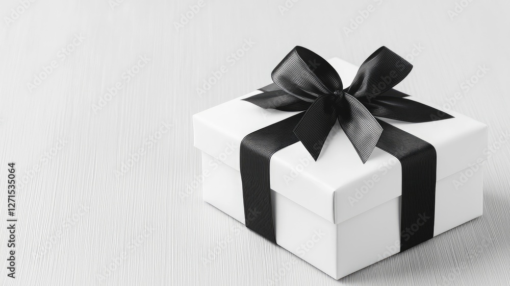 Obraz premium Elegant white gift box with black ribbon on wood
