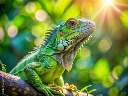 Wallpaper Mural Adorable Green Iguana Basking on Tree Branch with Bokeh Background Torontodigital.ca