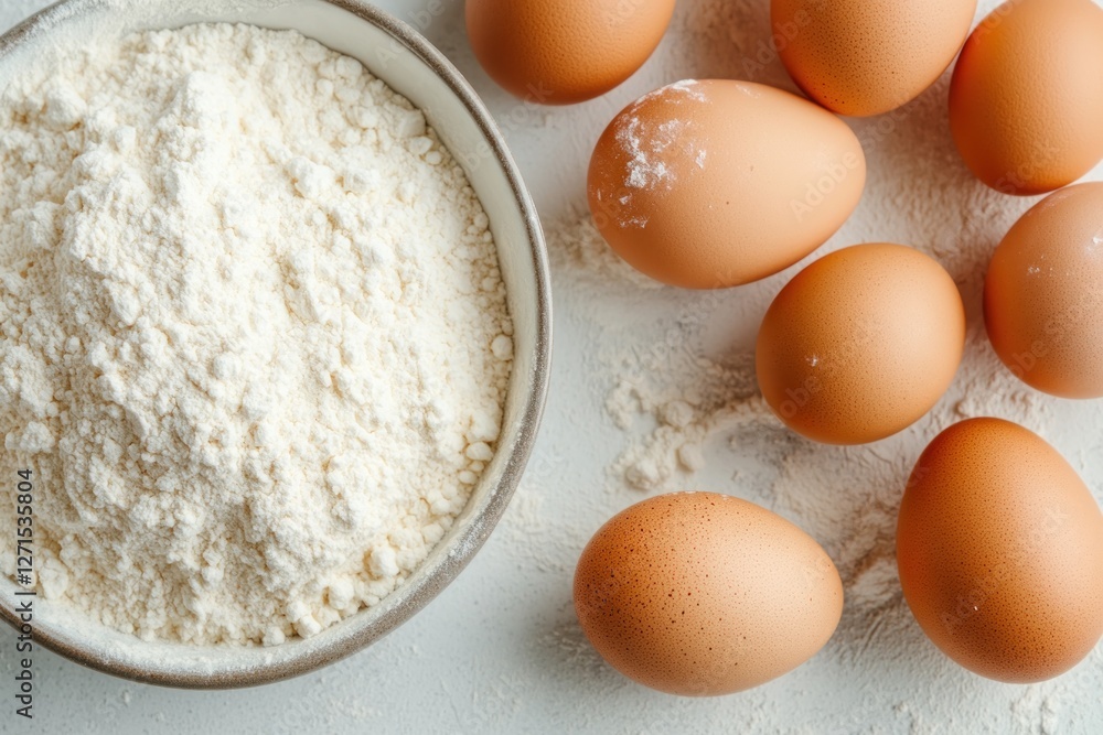Elevate your baking game with this stunning top-view image showcasing essential ingredients Baking essentialsflour, eggs, and sugar neatly arranged on a kitchen counter, top view, perfectly captures Elevate your baking game with this stunning top-view image showcasing essential ingredients Baking essentialsflour, eggs, and sugar neatly arranged on a kitchen counter, top view, perfectly captures