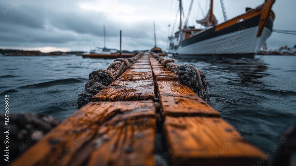 Obraz premium A vintage dock with wooden planks and old sailing ships moored nearby
