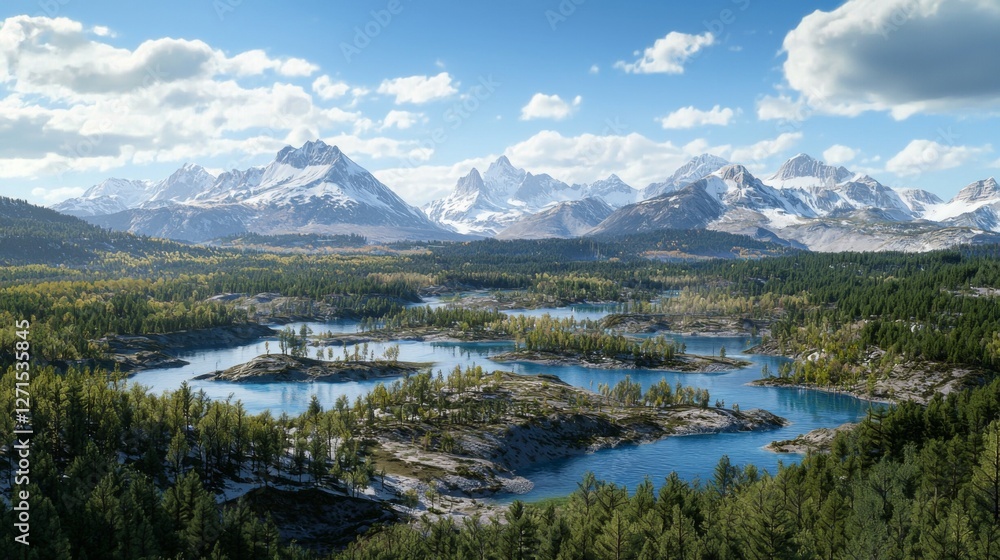 Scenic View of Mountains Surrounded by Crystal Clear Lakes and Lush Green Forests Under a Bright Blue Sky Scenic View of Mountains Surrounded by Crystal Clear Lakes and Lush Green Forests Under a Bright Blue Sky