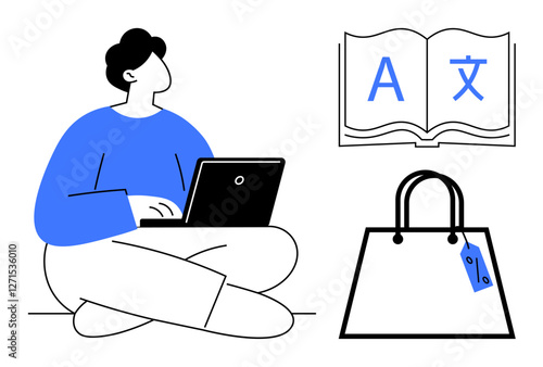 Person with laptop seated cross-legged focused on language learning. Open book with letters and shopping bag with tag. Ideal for education, e-commerce, remote work, online learning, multicultural