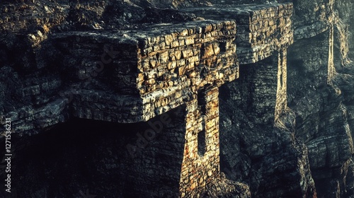 Ancient Stone Structures Overlooking Chasm with Ethereal Lighting and Textured Surfaces in Landscape Setting