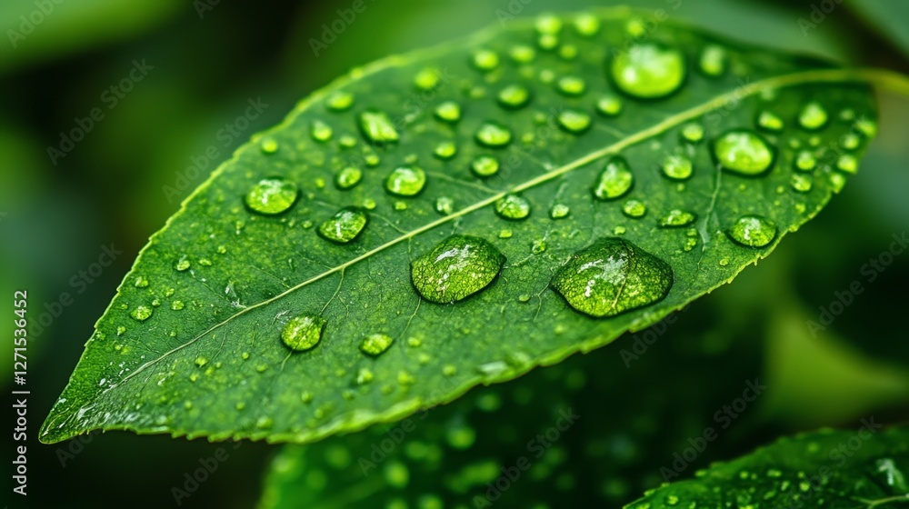 Close-up of fresh green leaf with raindrops in natural environment Close-up of fresh green leaf with raindrops in natural environment
