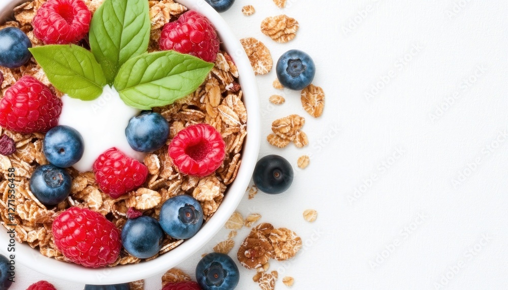 Elevate your visuals with a vibrant close-up of a bowl of cereal with berries, ideal for background or wallpaper photography Capture the essence of healthy breakfast delight with this high-resolution Elevate your visuals with a vibrant close-up of a bowl of cereal with berries, ideal for background or wallpaper photography Capture the essence of healthy breakfast delight with this high-resolution
