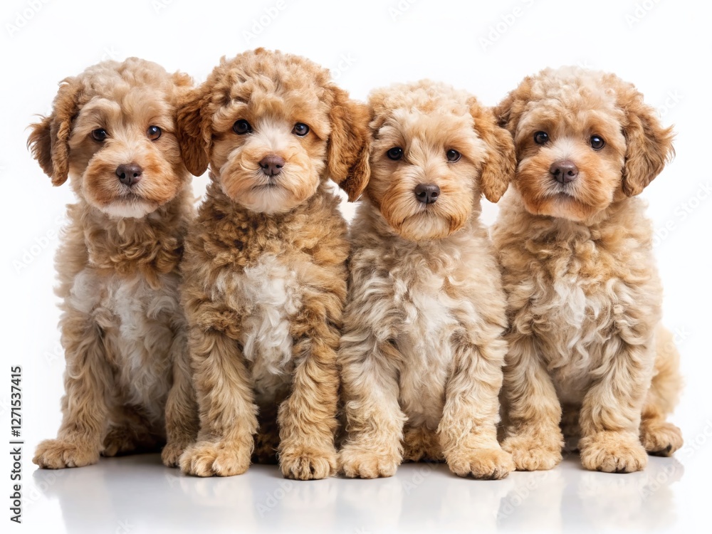 Adorable Lagotto Romagnolo Puppies in a Row - White Background Stock Photo Adorable Lagotto Romagnolo Puppies in a Row - White Background Stock Photo