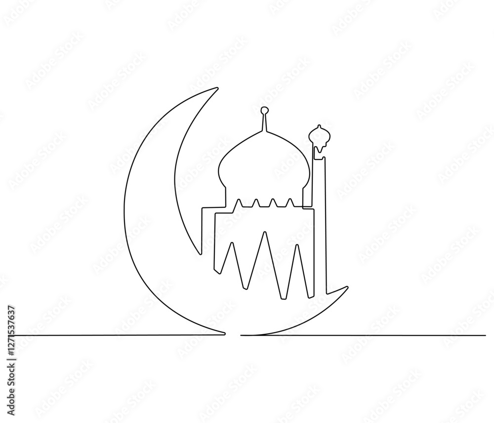 Obraz premium Continuous one line drawing of Crescent moon and mosque. Single line drawing illustration of Crescent moon and mosque for greeting card. Ramadan kareem concept vector art. Doodle line illustration.