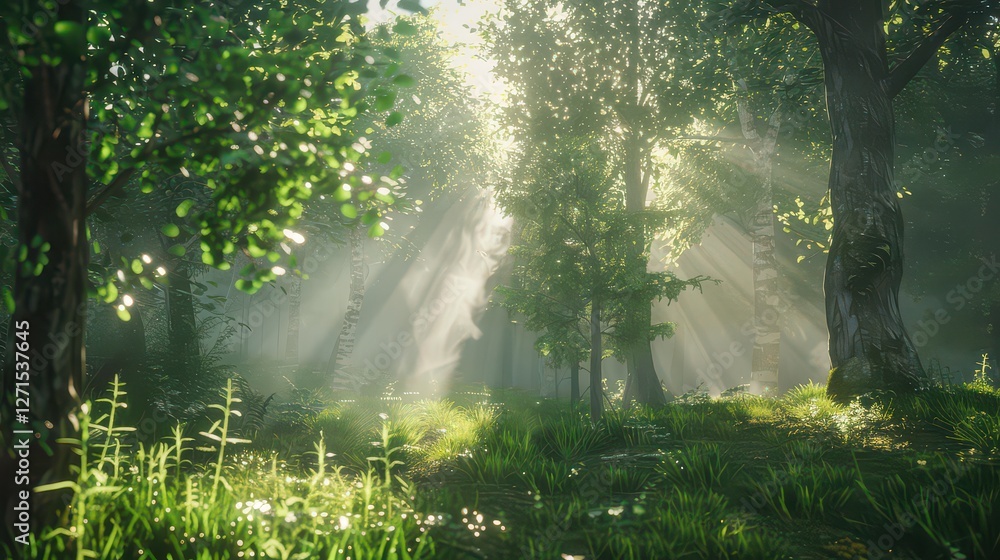 Obraz premium Lush green forest with sunlight beams