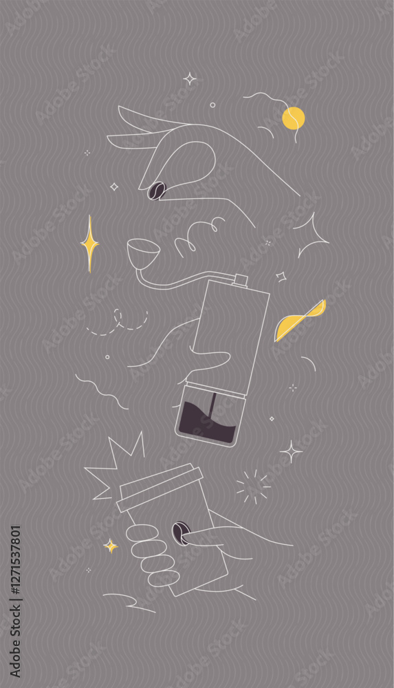 Coffee bean and grinder take away cup symbols drawing in modern linear art style on grey background