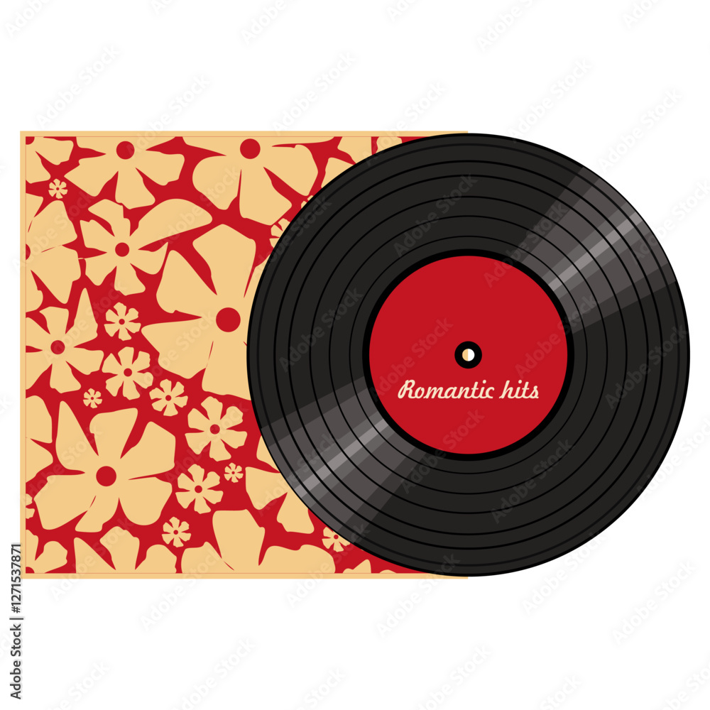 Obraz premium Vinyl disk in carton pack isolated on white retro style illustration vector art decor design 70s, 80s, 90s