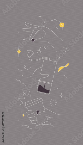 Obraz na płótnie Coffee bean and grinder take away cup symbols drawing in modern linear art style on grey background w salonie
