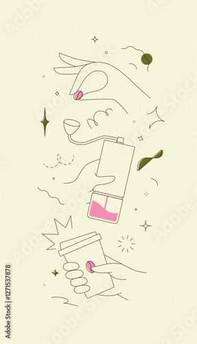 Obraz na płótnie Coffee bean and grinder take away cup symbols drawing in modern linear art style on light yellow background w salonie