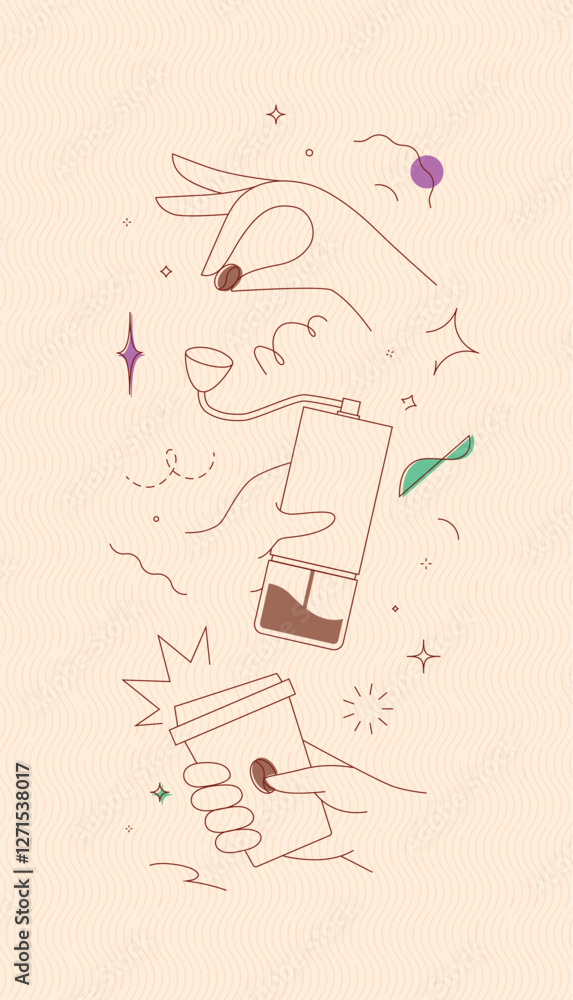Coffee bean and grinder take away cup symbols drawing in modern linear art style on grey background