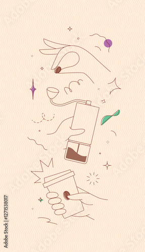 Obraz na płótnie Coffee bean and grinder take away cup symbols drawing in modern linear art style on grey background w salonie