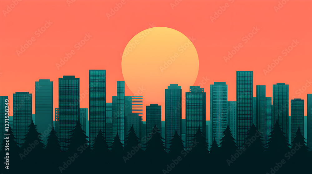Fototapeta premium Urban sunset cityscape silhouette against vibrant sky digital art evening aesthetic