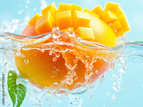 Fresh mango fruit surrounded by a splash of water, colorful, healthy
