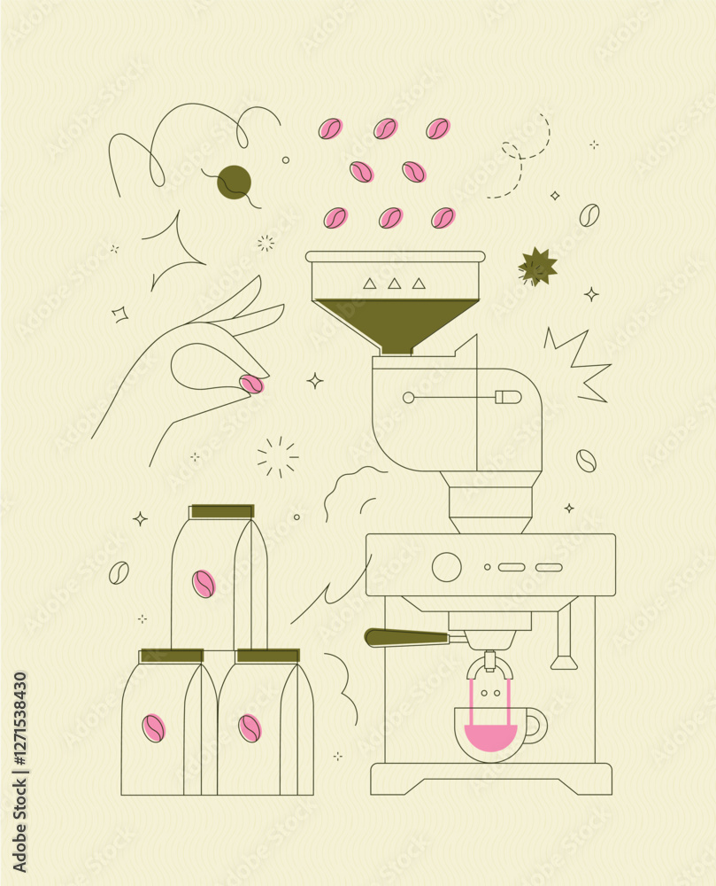 Coffee bean container coffee machine symbols drawing in modern linear art style on light yellow background