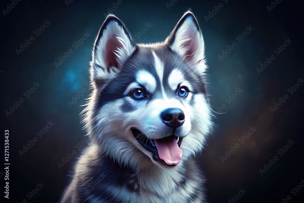Obraz premium Adorable Mini Husky Puppy Portrait, Low Light Photography, Open Mouth