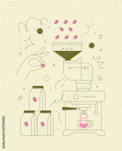 Obraz na płótnie Coffee bean container coffee machine symbols drawing in modern linear art style on light yellow background w salonie