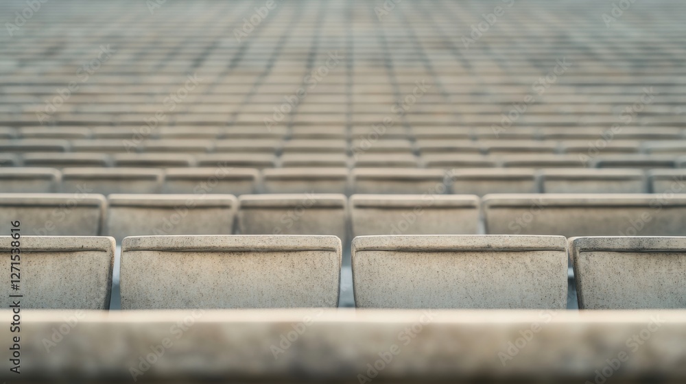 Fototapeta premium Empty stadium seats, outdoor arena, perspective, background, public space, possible use for sports, event, or promotional image