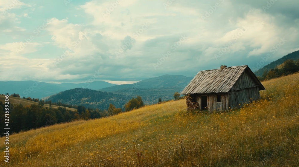 Rustic wooden cabin on vast meadow in tranquil mountain landscape Rustic wooden cabin on vast meadow in tranquil mountain landscape