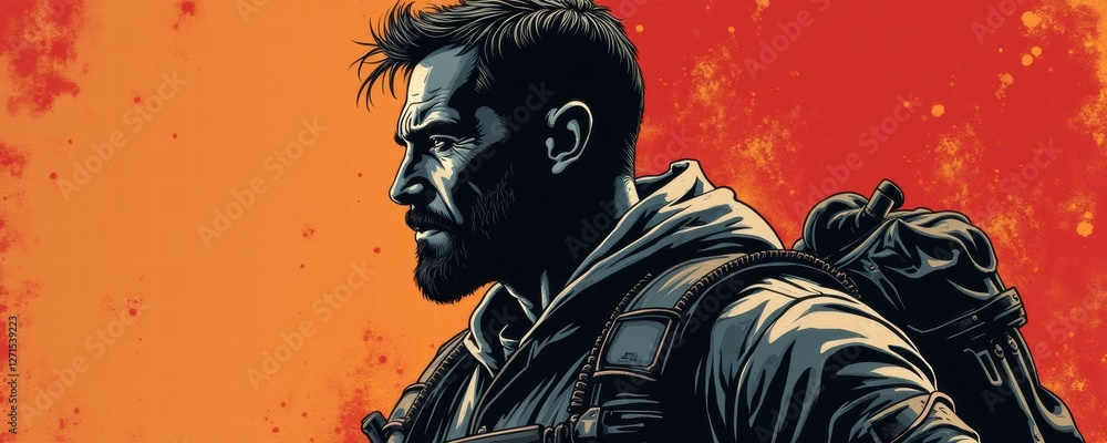 A bold illustration of a rugged man in profile, exuding strength and determination. Perfect for themes of adventure, survival, and resilience in marketing and storytelling. A bold illustration of a rugged man in profile, exuding strength and determination. Perfect for themes of adventure, survival, and resilience in marketing and storytelling.