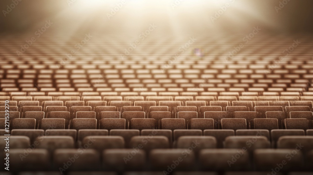 Fototapeta premium Empty theatre seats, golden light, performance space, event, use for advertising, film, background, entertainment