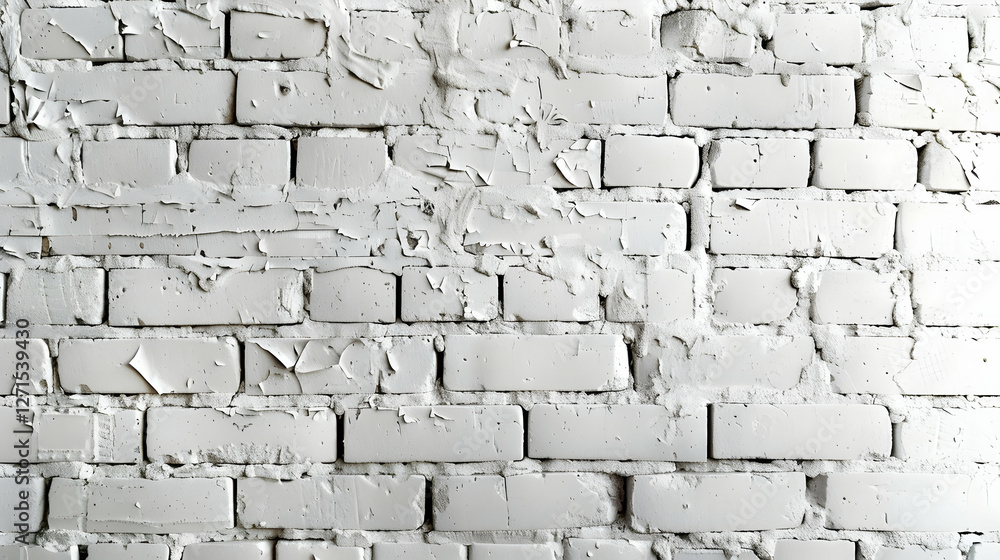 Fototapeta premium Textured white brick wall with peeling paint, creating a rustic backdrop for various uses (1)