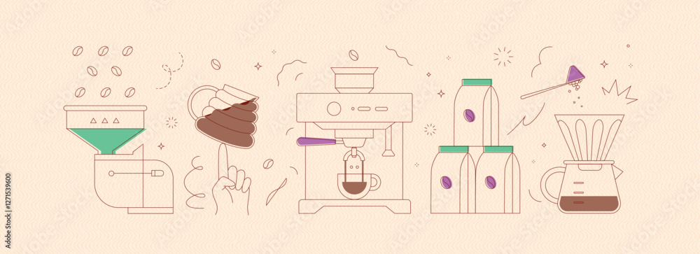 Coffee mill, cup, machine, pack, maker symbols drawing in modern linear art style on peach background