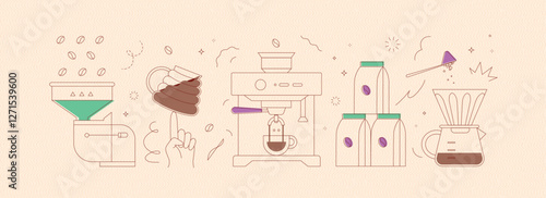 Obraz na płótnie Coffee mill, cup, machine, pack, maker symbols drawing in modern linear art style on peach background w salonie
