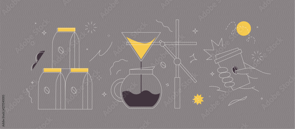Coffee maker, pack, take away cup symbols drawing in modern linear art style on grey background