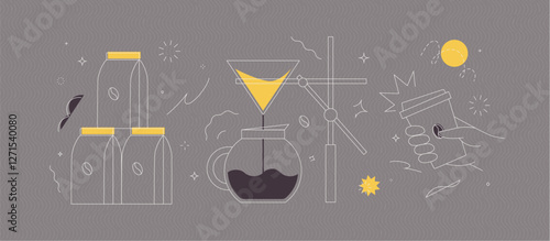 Coffee maker, pack, take away cup symbols drawing in modern linear art style on grey background