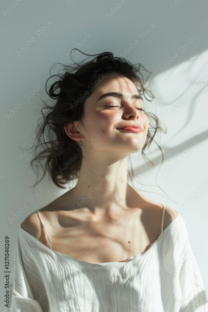 Young woman with eyes closed smiling in sunlight, relaxed and serene Young woman with eyes closed smiling in sunlight, relaxed and serene