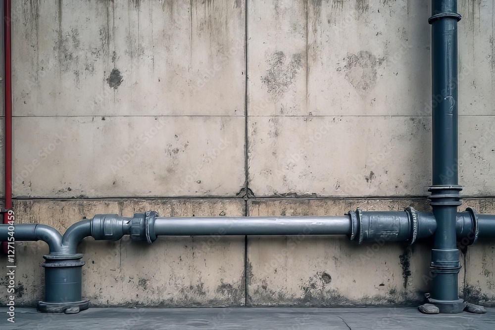 Industrial Gray Pipes Against Concrete Wall Exterior Plumbing System Industrial Gray Pipes Against Concrete Wall Exterior Plumbing System
