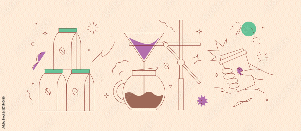Coffee maker, pack, take away cup symbols drawing in modern linear art style on peach background
