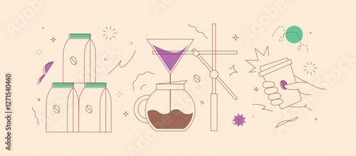 Obraz na płótnie Coffee maker, pack, take away cup symbols drawing in modern linear art style on peach background w salonie