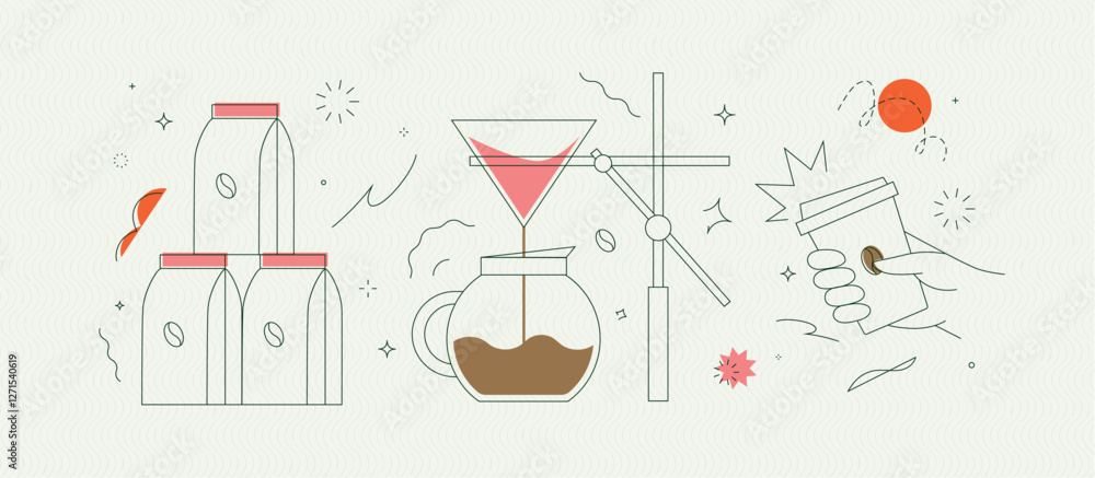 Coffee maker, pack, take away cup symbols drawing in modern linear art style on light background