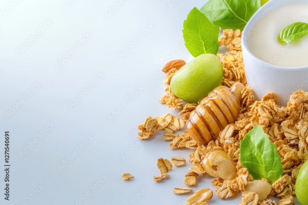 Start your day right with this delicious and nutritious close-up of crunchy granola scattered on a white background, healthy breakfast with oats, nuts, and honey Perfect for cereal lovers and healthy Start your day right with this delicious and nutritious close-up of crunchy granola scattered on a white background, healthy breakfast with oats, nuts, and honey Perfect for cereal lovers and healthy
