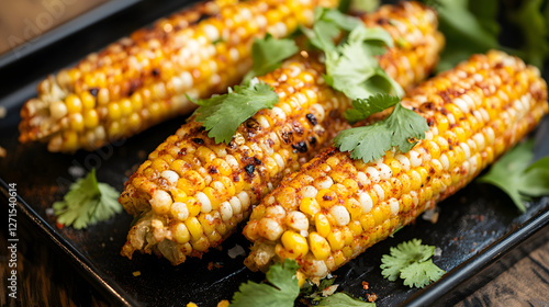 Crispy fried corn with a spicy lemon herb sauce and a garnish of fresh cilantro leaves.