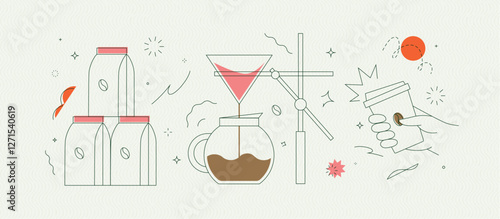 Obraz na płótnie Coffee maker, pack, take away cup symbols drawing in modern linear art style on light background w salonie
