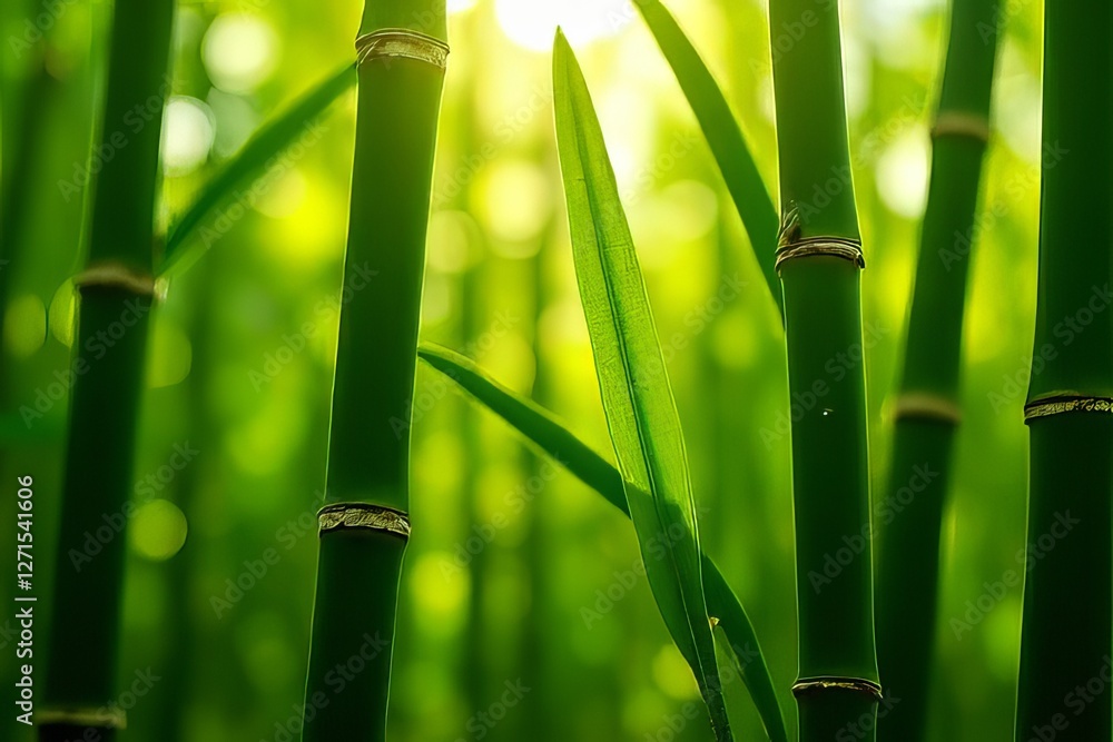 Fototapeta premium Lush Bamboo Forest - Vibrant Green Stalks and Leaves in Nature