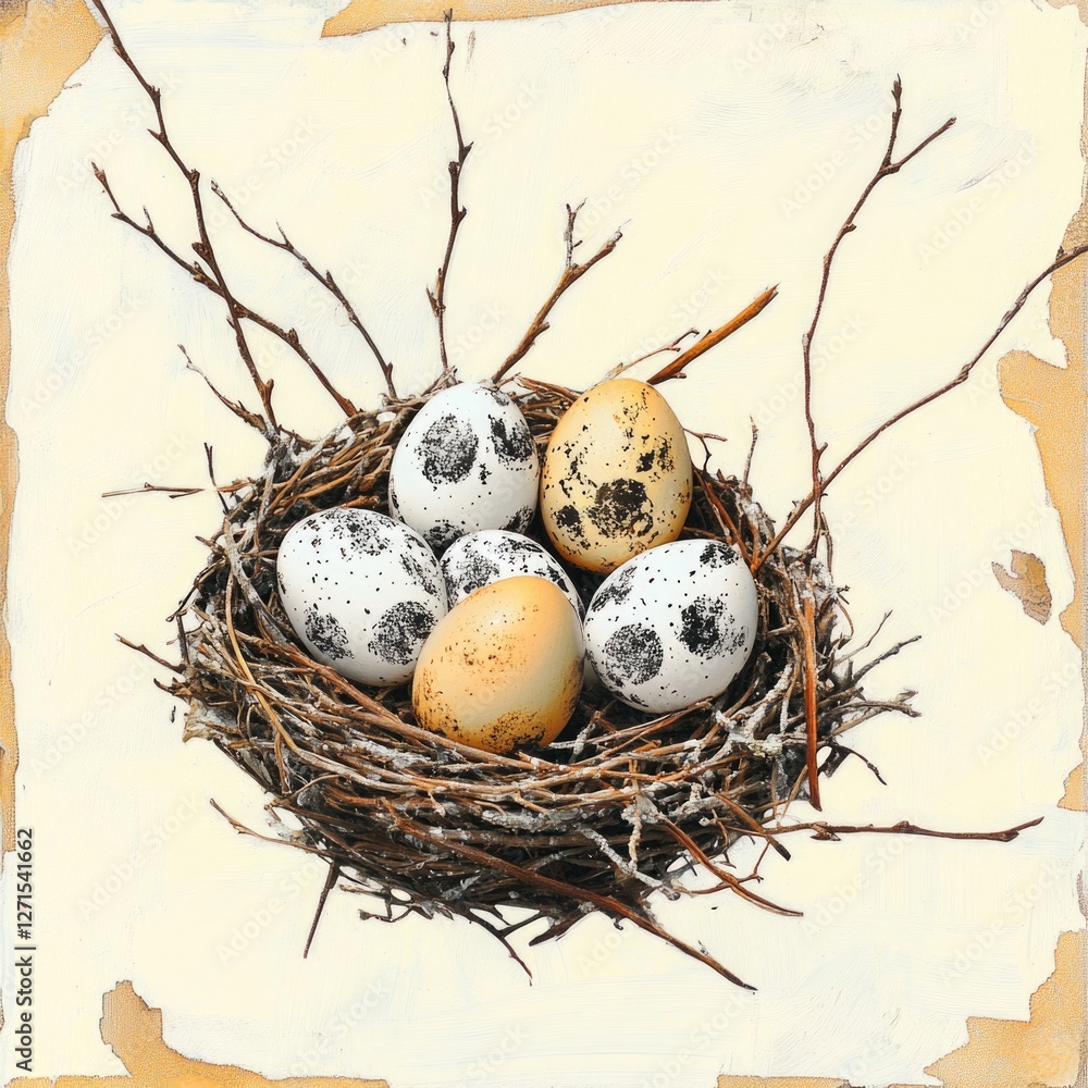 Obraz premium Speckled eggs in bird nest with twigs on vintage background