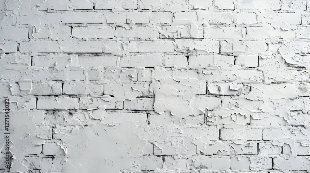 Fototapeta premium Weathered white brick wall with peeling paint, showcasing urban decay and texture