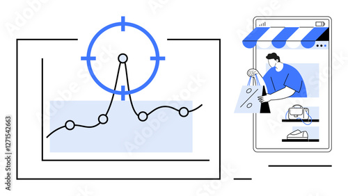 Target over a fluctuating graph, person shops using a mobile app. Ideal for market analysis, business strategy, online shopping, data analytics, e-commerce, mobile applications, goal setting