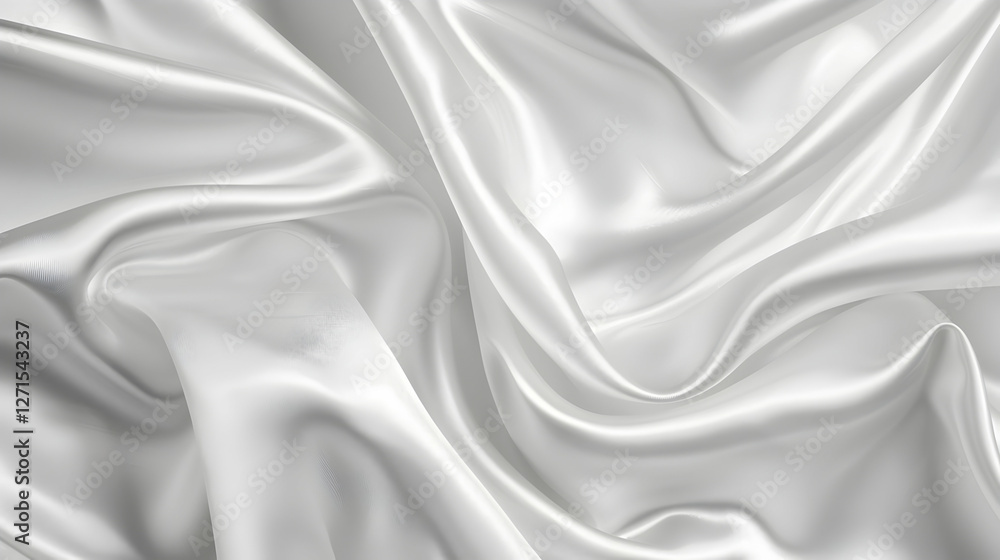 Smooth, flowing white satin fabric draped elegantly, creating soft folds and reflections Smooth, flowing white satin fabric draped elegantly, creating soft folds and reflections